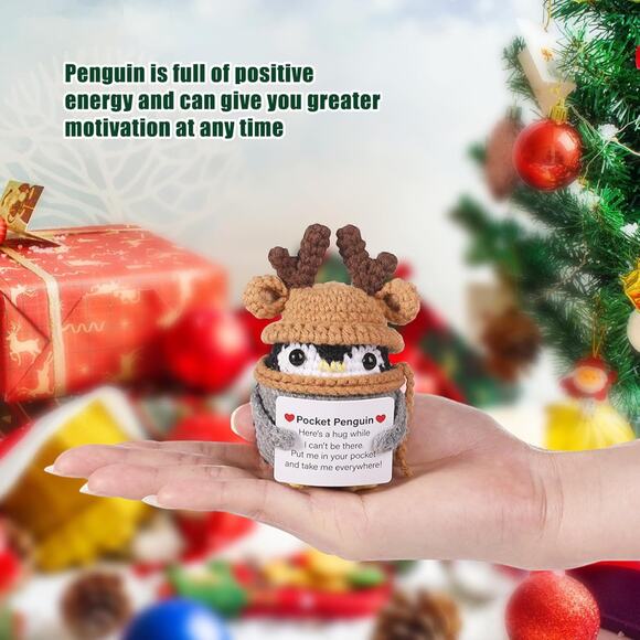 Pocket Penguin Plush with Reindeer Antlers Holiday Motivational Message Hug Gift - Picture 6 of 10